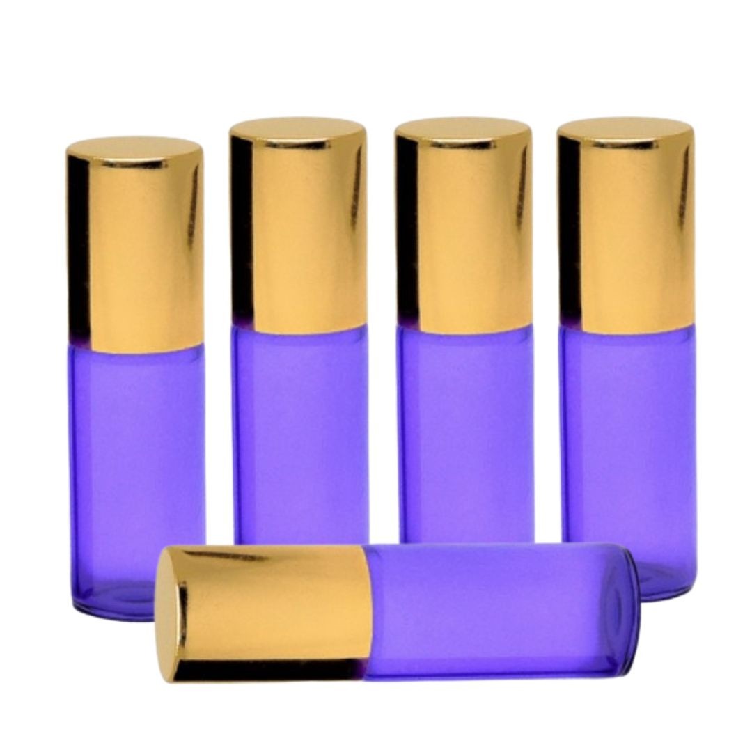 Recipient cosmetic, roll-on 5ml, mov si auriu, set 5buc