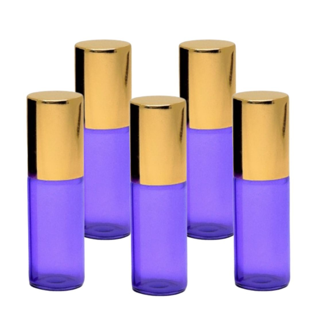 Recipient cosmetic, roll-on 5ml, mov si auriu, set 5buc