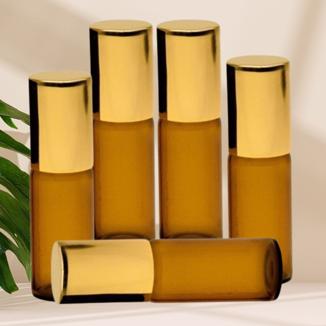 Recipient cosmetic, roll-on 5ml, ambra si auriu, set 5buc