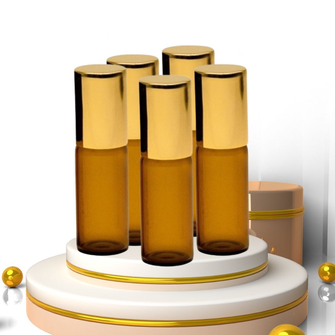 Recipient cosmetic, roll-on 5ml, ambra si auriu, set 5buc