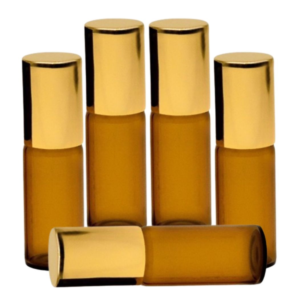 Recipient cosmetic, roll-on 5ml, ambra si auriu, set 5buc