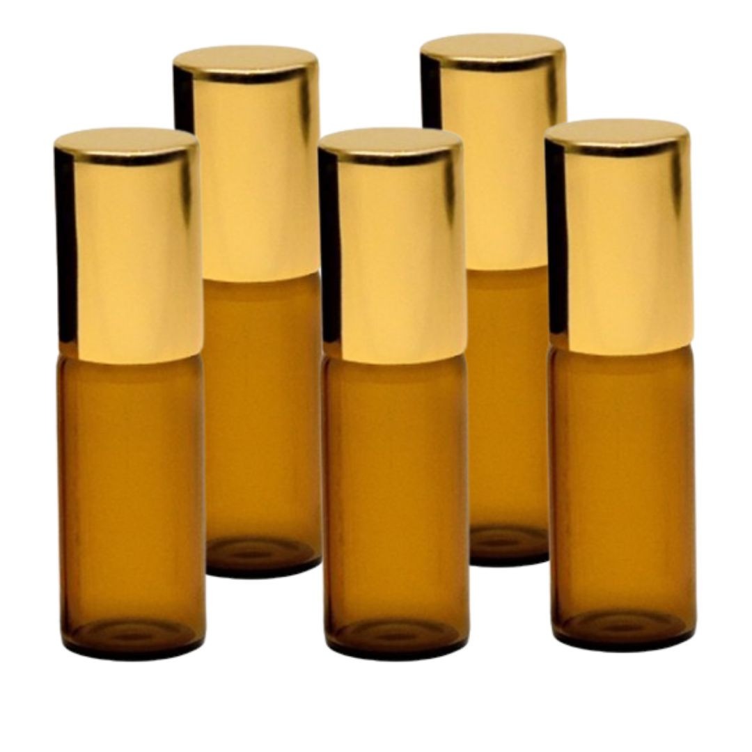 Recipient cosmetic, roll-on 5ml, ambra si auriu, set 5buc