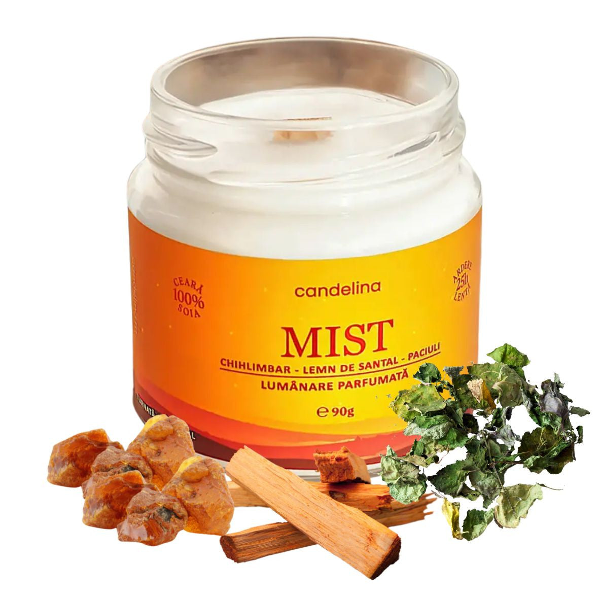 Lumânare parfumată MIST – Chihlimbar, Lemn de Santal, Paciuli, Candelina