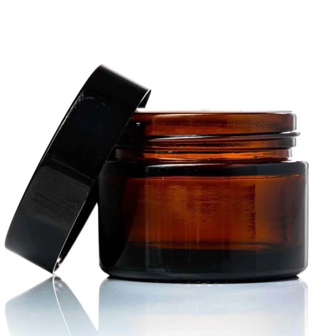 Borcan ambra rotund cu capac negru, 50ml