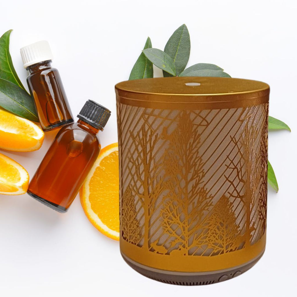 Aromadifuzor elegant, cu design aurit și motive naturale