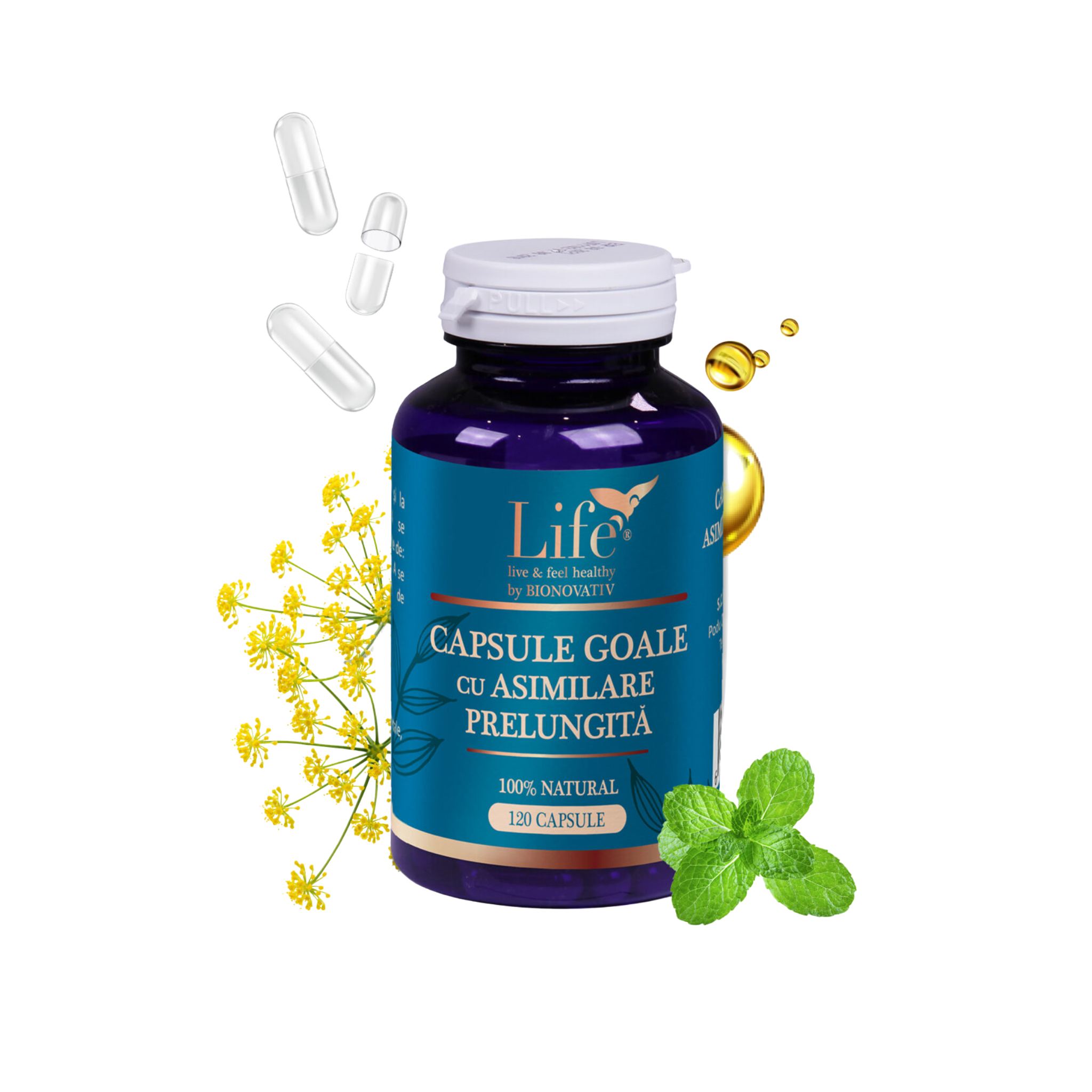 Capsule goale cu asimilare prelungită – 120 capsule, transparente
